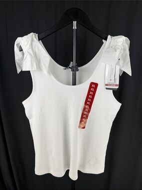 French Connection White Ribbed Tie-Shoulder Tank Top